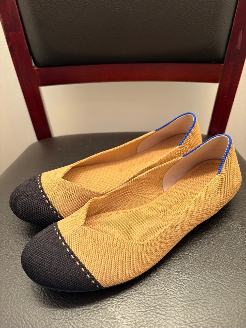 Rothy's Mustard Knit Ballet Flats with Black Toe and Blue Trim